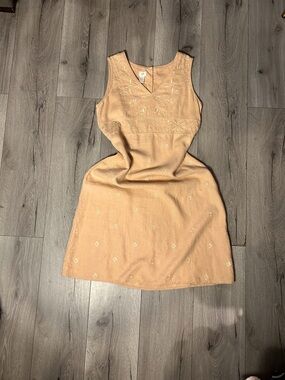 100% Linen Peach Knee Length Tank Dress Small Embroidered Imperial Waist Boho
